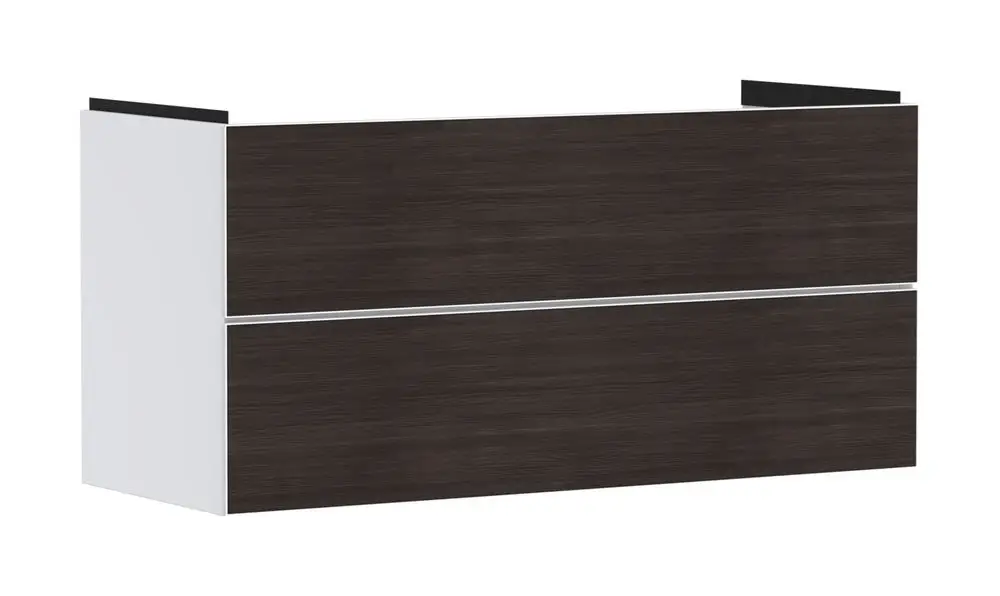 Hansgrohe Waschtischunterschrank mit zwei Schubkästen, in dunkler Holzoptik und mattem Weiß, für die Montage unter einem Waschtisch geeignet.